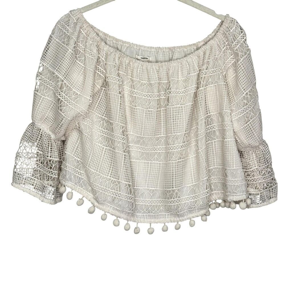 Tularosa Alexa Blouse Small White Crochet Off Shoulder Cropped Pom Pom Boho Top